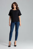 Elegant Black Blouse with Frill and Half-Round Neckline