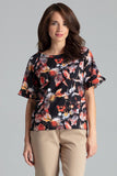 Floral Pattern Blouse with Frill and Half-Round Neckline