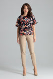 Floral Pattern Blouse with Frill and Half-Round Neckline