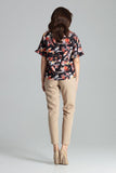 Floral Pattern Blouse with Frill and Half-Round Neckline