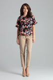 Floral Pattern Blouse with Frill and Half-Round Neckline