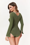 Stylish Striped Neckline Long Sleeve Body with Slit Wrists