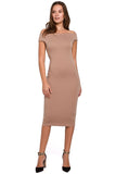 Feminine Midi Dress with Shoulder Exposure and Fitted Cut