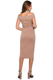 Feminine Midi Dress with Shoulder Exposure and Fitted Cut