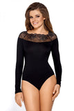 Lace-Trimmed Long Sleeve Bodysuit with Almond Neckline