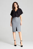 Grey Eco-Leather Midi Pencil Skirt with Front Slit