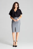 Grey Eco-Leather Midi Pencil Skirt with Front Slit