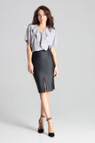 Black Eco-Leather Midi Pencil Skirt with Front Slit
