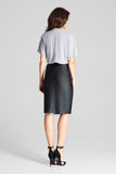Black Eco-Leather Midi Pencil Skirt with Front Slit