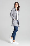 Grey Knit Sweater with Hood and Decorative Stripes