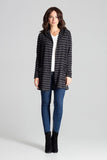Black Hooded Knit Sweater with Decorative Stripes and Pockets