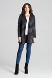 Black Hooded Knit Sweater with Decorative Stripes and Pockets