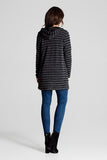 Black Hooded Knit Sweater with Decorative Stripes and Pockets