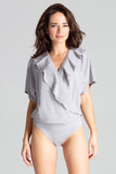 Grey Kimono Sleeve Ruffled Envelope Neck Top