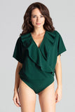 Green Kimono Sleeve Bodysuit with Ruffle Neckline