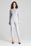 Grey 3/4 Sleeve Jumpsuit with Asymmetrical Pleats