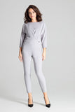 Grey 3/4 Sleeve Jumpsuit with Asymmetrical Pleats