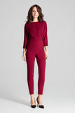 Burgundy 3/4 Sleeve Jumpsuit with Asymmetrical Pleats