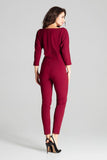 Burgundy 3/4 Sleeve Jumpsuit with Asymmetrical Pleats