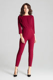 Burgundy 3/4 Sleeve Jumpsuit with Asymmetrical Pleats
