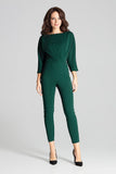 Elegant Green Jumpsuit with Asymmetrical Pleats and Kimono Sleeves
