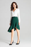Green Asymmetrical Midi Skirt with Frill and Wide Waistband