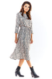 Chic Midi Dress with 3/4 Sleeves and Decorative Belt