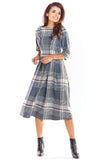 Checked Flared Midi Dress with 3/4 Length Sleeves