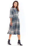 Checked Flared Midi Dress with 3/4 Length Sleeves