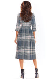 Checked Flared Midi Dress with 3/4 Length Sleeves