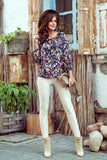 Colorful Floral Spanish Blouse with Ties and Elastic Sleeves