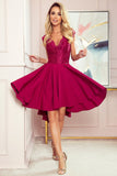 Burgundy Asymmetrical Dress with Lace and Short Sleeves
