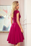 Burgundy Asymmetrical Dress with Lace and Short Sleeves