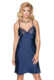 Navy Blue Satin Nightgown with Floral Lace Details