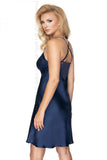 Navy Blue Satin Nightgown with Floral Lace Details