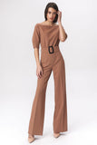 Elegant Caramel Cold-Shoulder Women's Suit with Belt