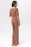 Elegant Caramel Cold-Shoulder Women's Suit with Belt