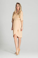 Beige Spring Midi Dress with 3/4 Sleeves and Cheese Neckline - beige / L