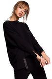 Loose-Fitting High Slit Sweatshirt with Decorative Piping