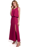Flowing Frilled Dress with Thigh-High Slit and Zipper