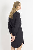 Asymmetric Dress with Belt and Stand-Up Collar