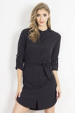 Asymmetric Dress with Belt and Stand-Up Collar
