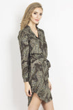 Asymmetric Cut Dress with Tie Belt and Stand-Up Collar