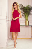 Modest Red Trapeze Dress with Asymmetrical Pleats