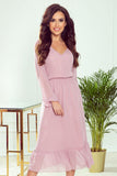 Airy Dirty Pink Chiffon Midi Dress with Frills and Neckline
