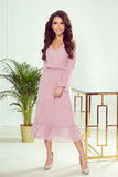Airy Dirty Pink Chiffon Midi Dress with Frills and Neckline