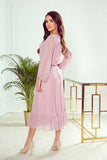 Airy Dirty Pink Chiffon Midi Dress with Frills and Neckline