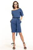 Cozy Cotton Knit Midi Dress with Boat Neckline & Belt