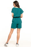 Short Sleeve Summer Jumpsuit with Pockets and Gathered Waist