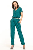 Elegant Short-Sleeved Jumpsuit with Pockets and Gathered Waist